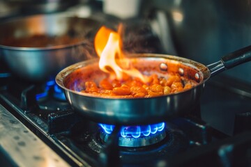 Fiery cooking in stainless steel pan on gas stove with delicious beans