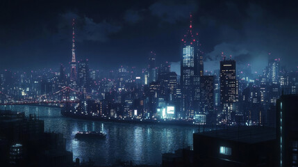 Naklejka premium Nighttime view of Tokyo, Japan, with city lights illuminating the skyline.