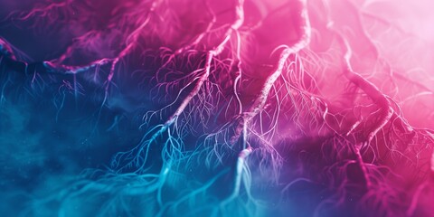 Abstract background with tree roots and gradient background with vibrant pink and blue tones.