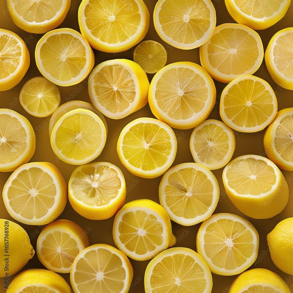 Poster lemon background with a symmetrical arrangement of lemon slices and whole lemons
