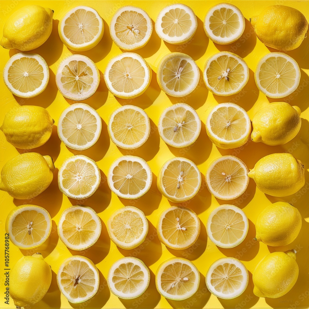 Aufkleber lemon background with a symmetrical arrangement of lemon slices and whole lemons