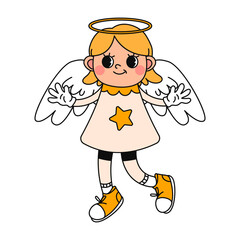 Christmas cartoon character. Cute angel in trendy Retro Groovy hippie cartoon style. Hand draw vector isolated on white background. Sticker pack of comic characters.