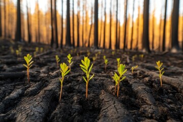New growth emerging in burned forest after wildfire destruction