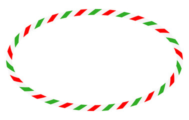 Candy cane round frame. Christmas ribbon with red, green and white stripes. Greeting card with New Year or Christmas decorating border