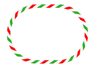 Candy cane round frame. Christmas ribbon with red, green and white stripes. Greeting card with New Year or Christmas decorating border
