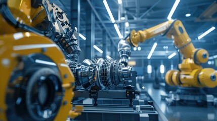 Futuristic Aerospace Factory with Robotic Arms Assembling Rocket Engines for Space Exploration