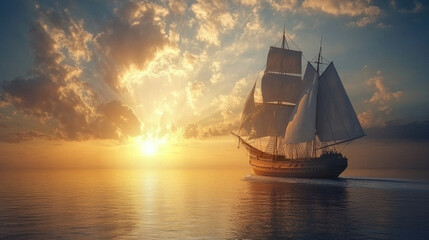 Obraz premium A sailing ship heading out to open sea in the evening, with sunlight reflecting off the ocean bay in a scenic 3D visualization. 