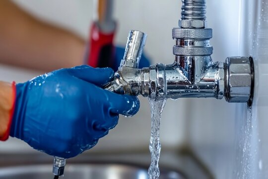 Professional plumber fixing leaking pipe with wrench and blue gloves in kitchen