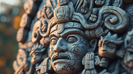 Fototapeta premium Detailed view of an ancient carved stone stela depicting a king or ruler. Aztec Temple Ceremony. Illustration