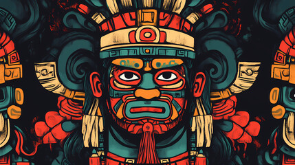 Detailed view of an ancient carved stone stela depicting a king or ruler. Aztec Temple Ceremony. Illustration