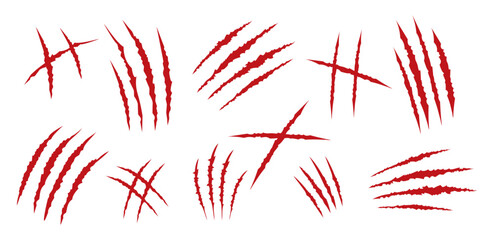 Set of red claws scratches animals. Four scratches shape. Wild animal claw marks. Funny design element