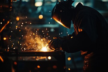 Welder at work: sparks flying in industrial workshop setting