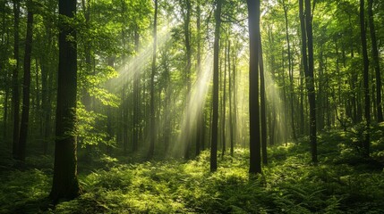 Fototapeta premium Lush green forest with sunlight filtering through the trees, representing clean air