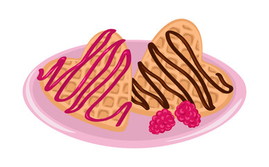 Hand drawn heart shaped waffles with jam and chocolate topping and raspberries on a pink plate