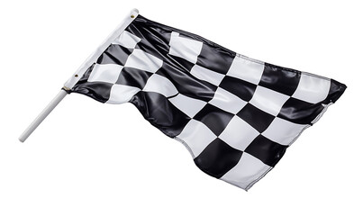 Classic black and white checkered flag isolated on a white background, symbolizing the finish line and end of a race.
