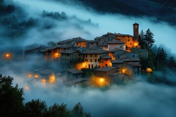 A Foggy Hilltop Village with Lights at Dusk