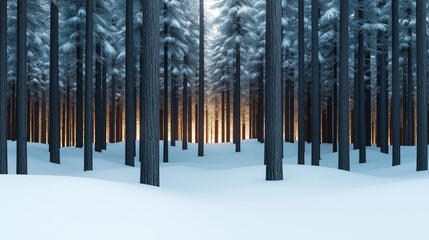 Snow-covered forest with tall dark tree trunks and a warm glow on the horizon at sunset creating a serene winter scene.