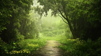 Gentle rain falling on a lush green forest, peaceful weather, nature's tranquility.