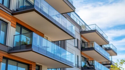 Luxury apartment building exterior with glass balconies