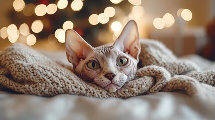 Sphynx cat. Cute cozy pet Christmas home photo. Xmas calming mood animal. Funny portrait of pets in decorated indoor family cosy atmosphere. Winter season banner design