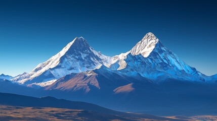 Snow-capped mountains under a clear blue sky, winter weather, cold and majestic.