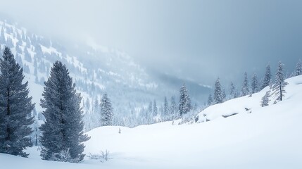 Heavy snowfall blanketing a mountain landscape, winter weather, cold and serene.