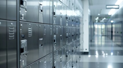 Metal lockers in a modern office hallway