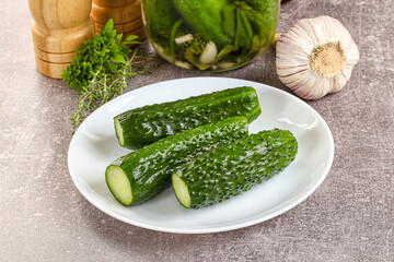 Homemade lighty salted cucumbers with herbs
