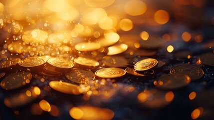 Golden Coins with Sparkling Bokeh Background