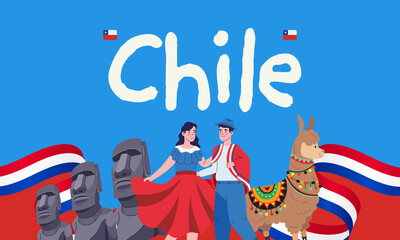 Chile, country introduction. Moai statues, Easter Island, couple, typical Chilean costumes, woman, man, red suspenders, llama, colorful blankets. Poster, Greeting Card. Illustration