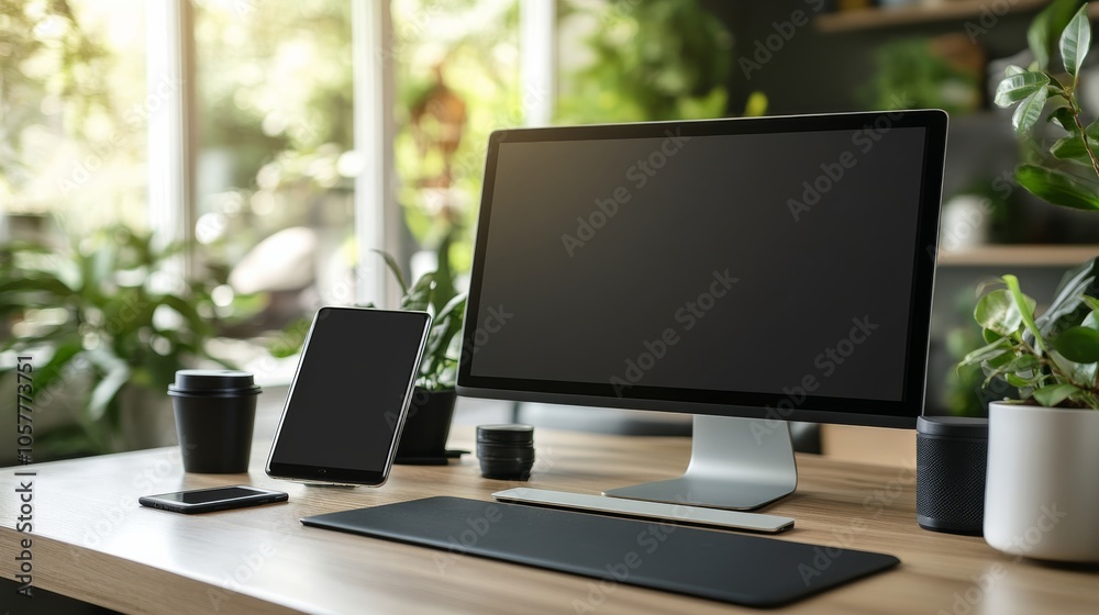 Poster modern workspace with monitor laptop tablet smartphone on desk with free space background