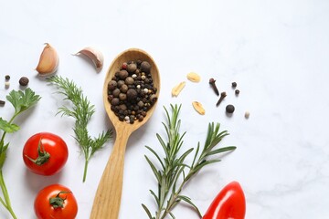 Fresh vegetables with herbs and spices, top view