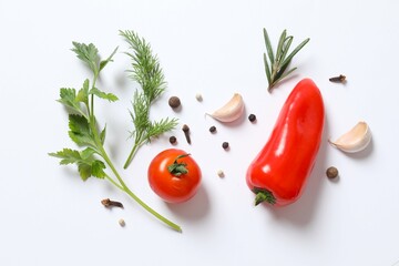Fresh vegetables with herbs and spices, top view