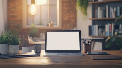 Modern workspace with monitor laptop tablet smartphone on desk with free space background