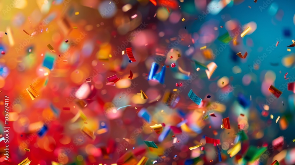 Poster multicolored abstract background with many falling small pieces, bright colors, dynamic motion, arti