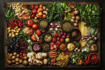 Fototapeta premium A rustic wooden tray overflowing with fresh produce and pantry staples.