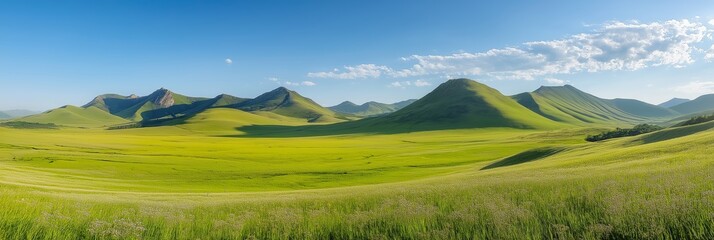 Obraz premium Expansive green hills stretch beneath a clear blue sky, evoking freedom and natural beauty under sunlight.