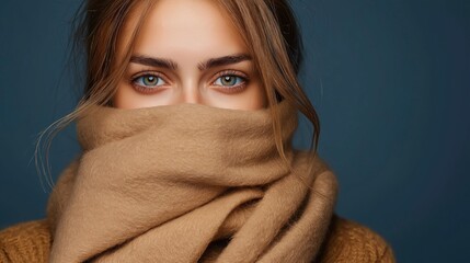Fototapeta premium Close-up portrait of a person with blue eyes wrapped in a cozy brown scarf against a dark background, highlighting the eyes and facial expression.