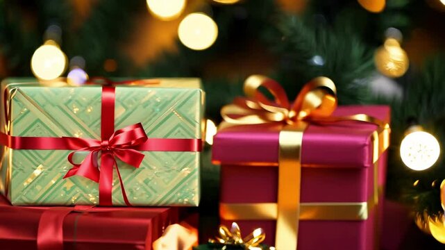 Christmas sale design A stack of presents with a green box in the middle. The green box has a red bow on it