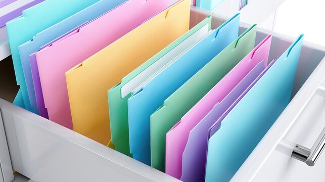 Colorful file folders organized in office drawer