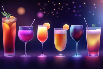Colorful cocktail assortment with vibrant garnishes on a dark background at a celebration