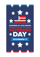 Veterans Day in United States. Federal holiday, celebrated annual in November 11. Honoring all who served. Patriotic american military concept. Poster, card, banner and background. Vector illustration