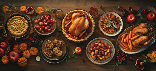 A beautifully arranged table of traditional fall dishes such as turkey