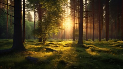 Fototapeta premium Peaceful summer forest with green grass bathed in sunset glow