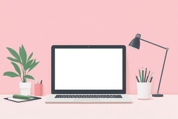 pink desk setup with laptop mockup in a minimalist workspace for productive office environments