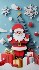 Vertical phone wallpaper with smiling santa and gift box, offering a fun Christmas using for mobile device.