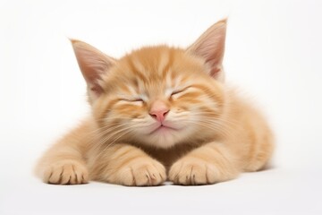 Obraz premium photograph of A cute little orange-gray kitten lies on its back with its front legs raised up to its ears and its eyes closed.