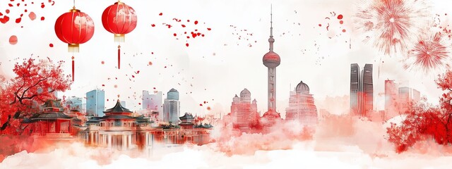 Cityscape merging traditional and modern with red lanterns, fireworks in festive celebration, creating vibrant atmosphere.