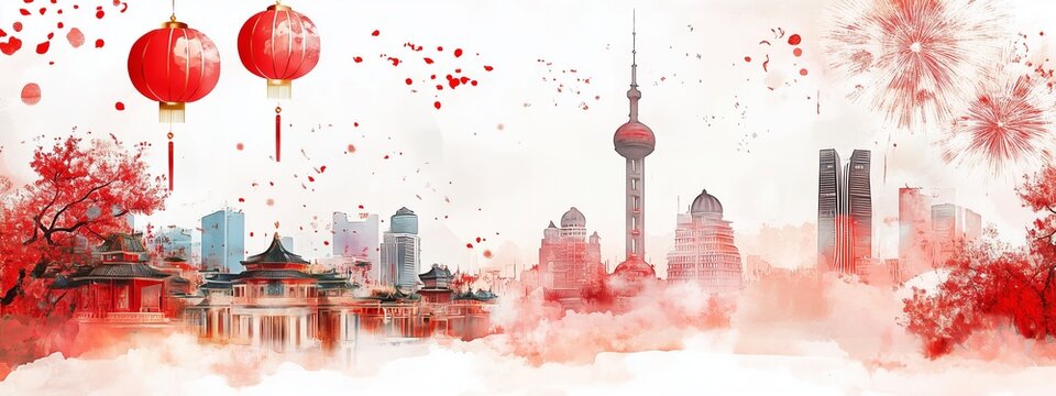 Cityscape merging traditional and modern with red lanterns, fireworks in festive celebration, creating vibrant atmosphere.