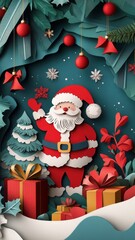 3D paper art christmas phone wallpaper with santa among tree and gift.
